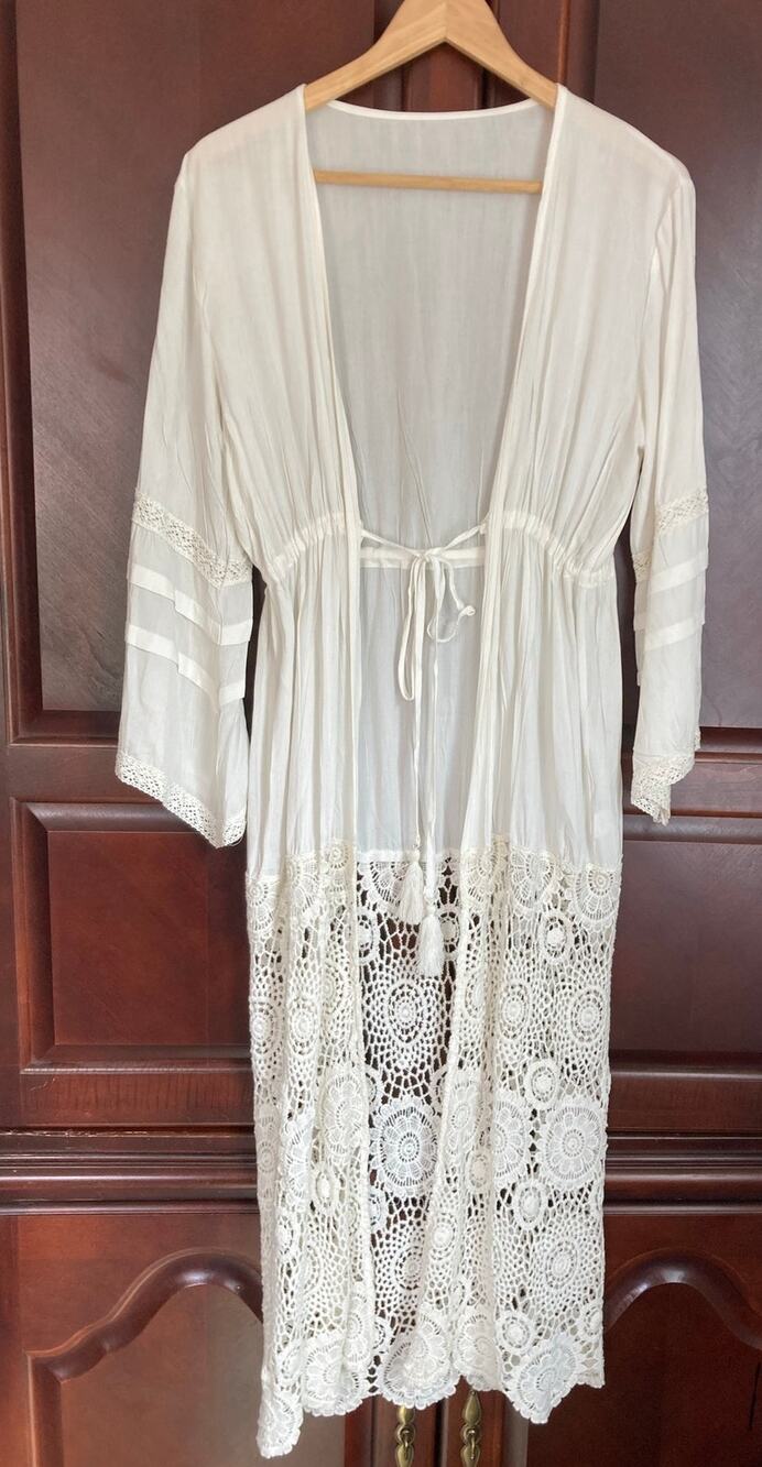 Boho Chic Crochet Lace Cover Up Duster Long Sleeves Open Tie Front - OS